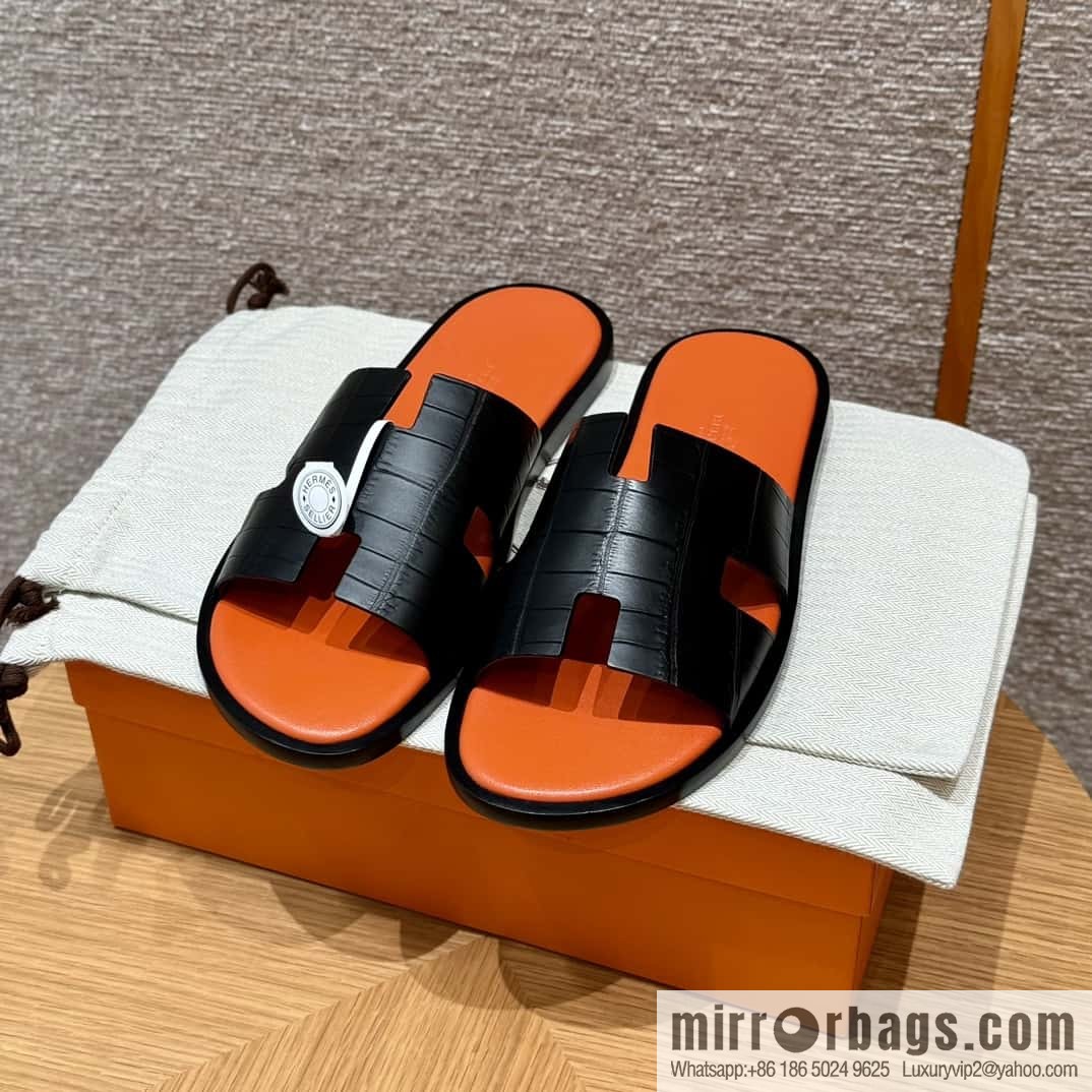 HERMES 182 -Lzmir Men's slippers, black/89/Black/with orange alligator/alligator🐊