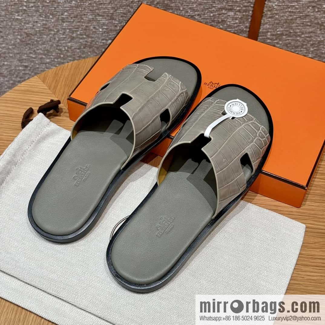 HERMES 182 -Lzmir Men's slippers Men's slippers, turtledove gray/ck81/with tin ash foot pad alligator/crocodile🐊