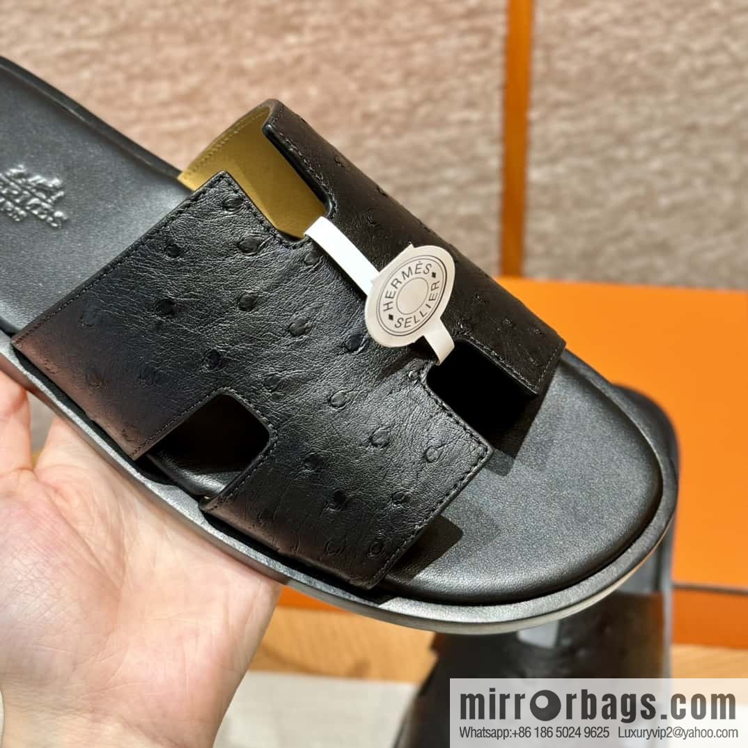 HERMES 182 -Lzmir Men's slippers, black/89/Black/with black foot pads, ostrich 🐦/Ostrich