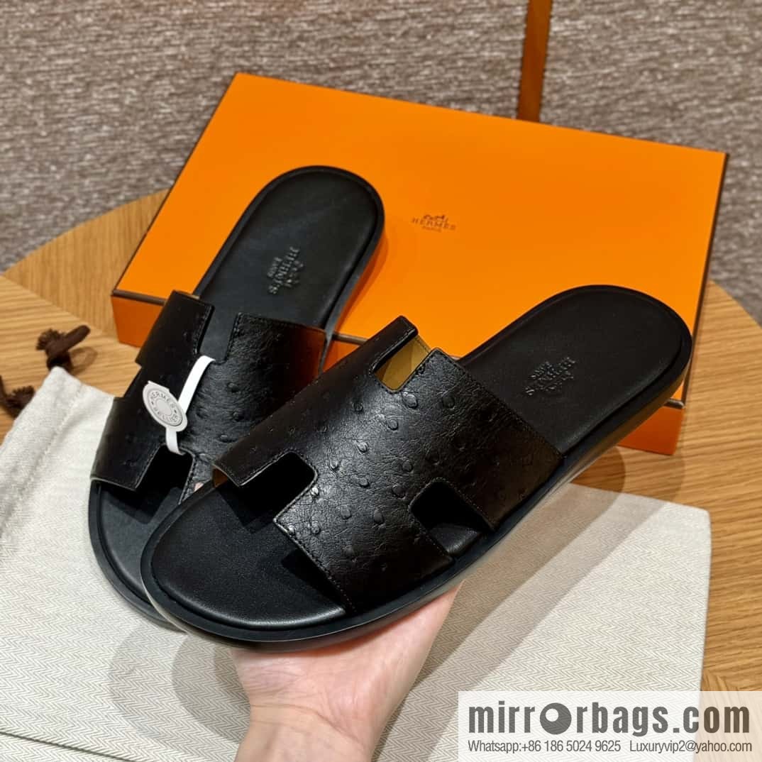 HERMES 182 -Lzmir Men's slippers, black/89/Black/with black foot pads, ostrich 🐦/Ostrich