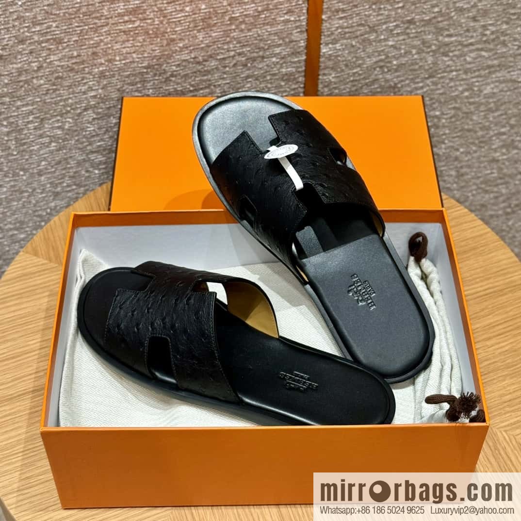 HERMES 182 -Lzmir Men's slippers, black/89/Black/with black foot pads, ostrich 🐦/Ostrich