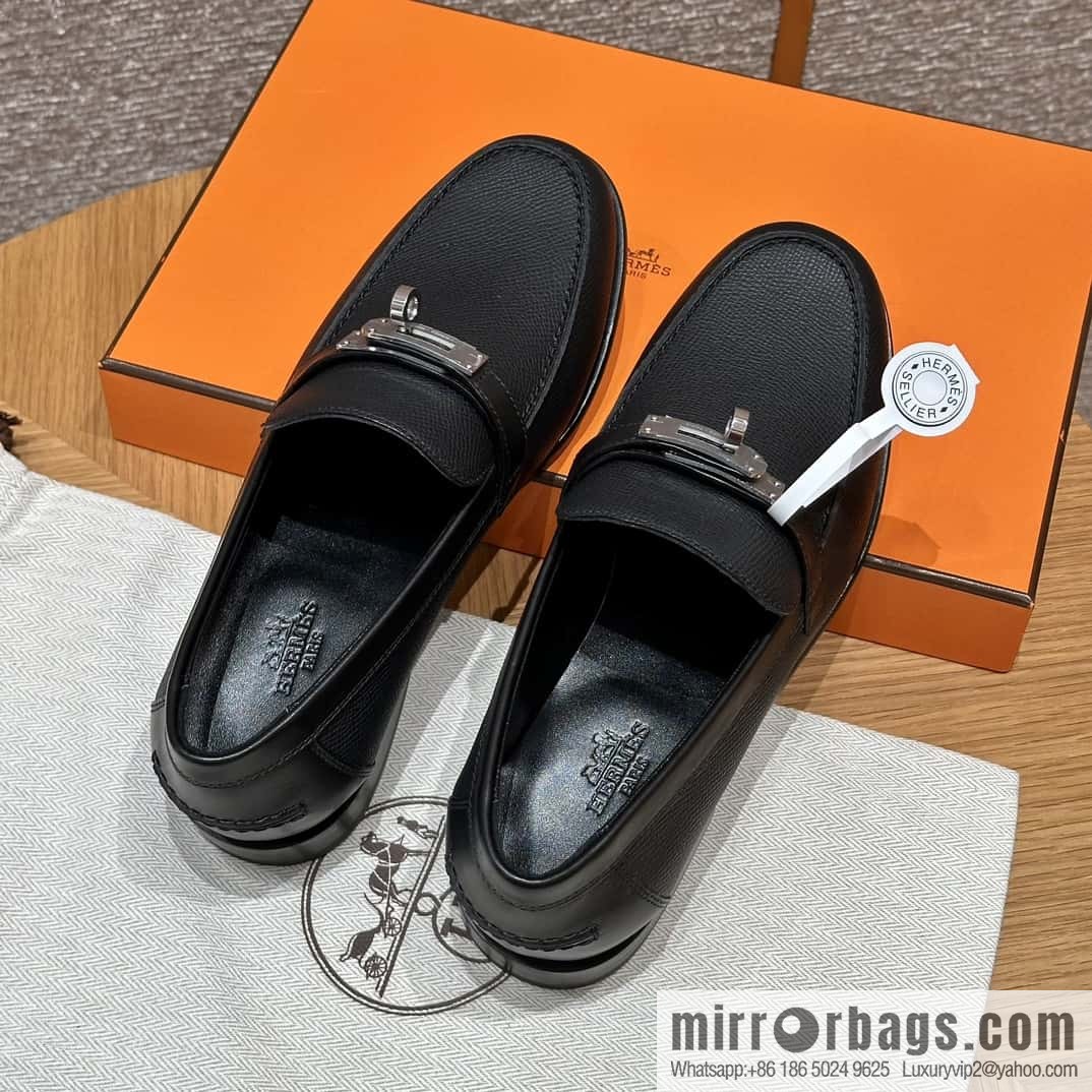 HERMES 227Destin loafers, black/ck89/noir palm-print calfskin/Epsom/Calfskin
