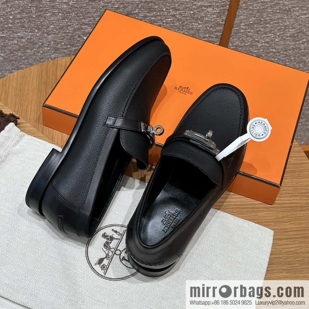 HERMES 227Destin loafers, black/ck89/noir palm-print calfskin/Epsom/Calfskin