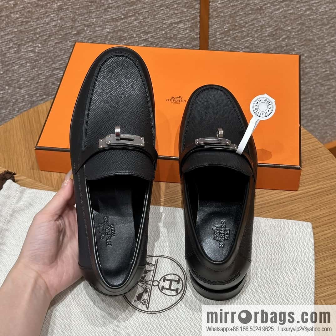 HERMES 227Destin loafers, black/ck89/noir palm-print calfskin/Epsom/Calfskin