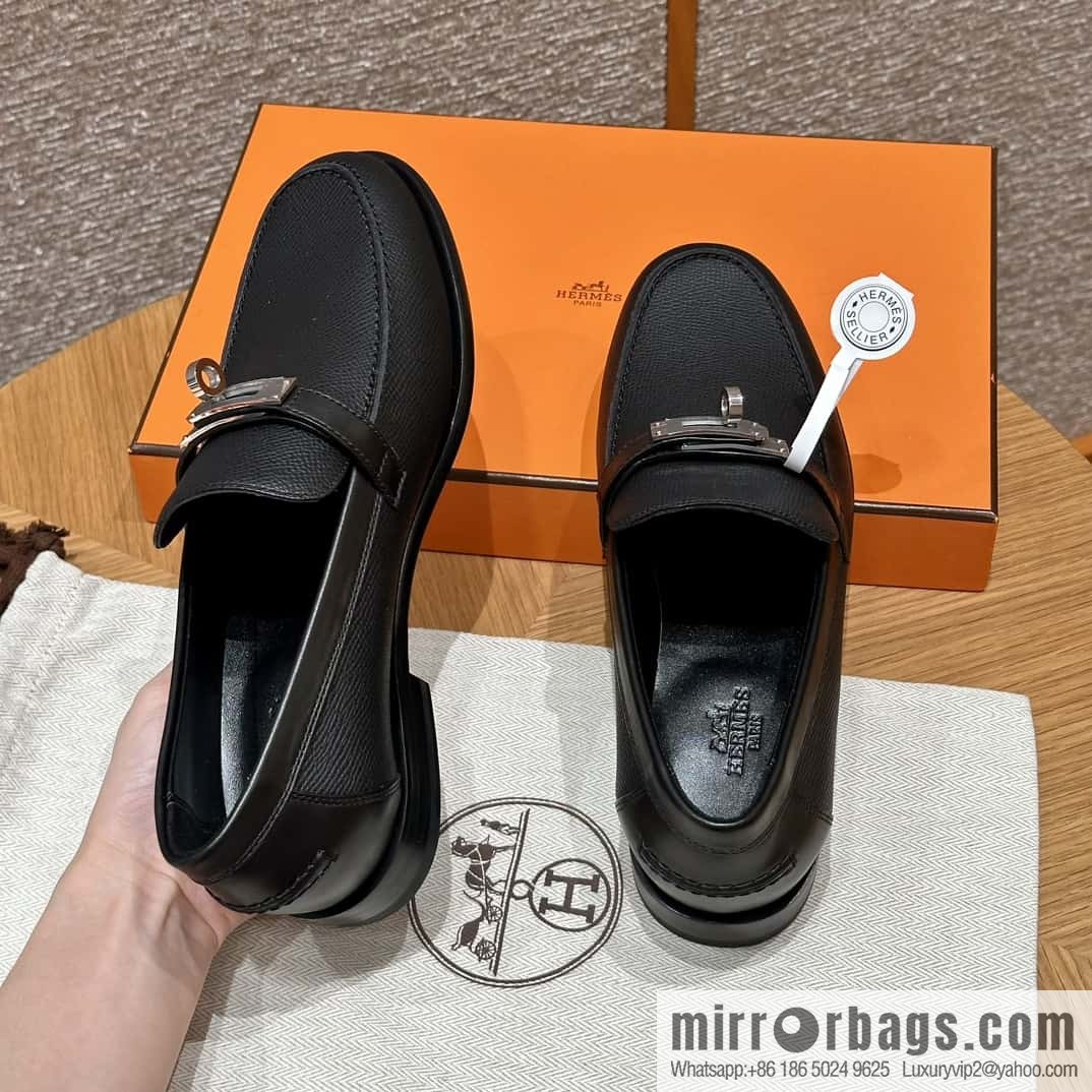 HERMES 227Destin loafers, black/ck89/noir palm-print calfskin/Epsom/Calfskin