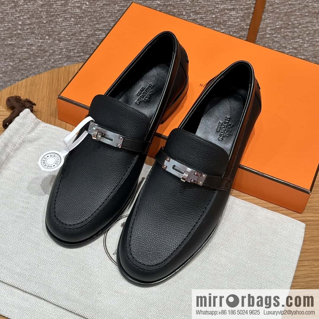 HERMES 227Destin loafers, black/ck89/noir palm-print calfskin/Epsom/Calfskin