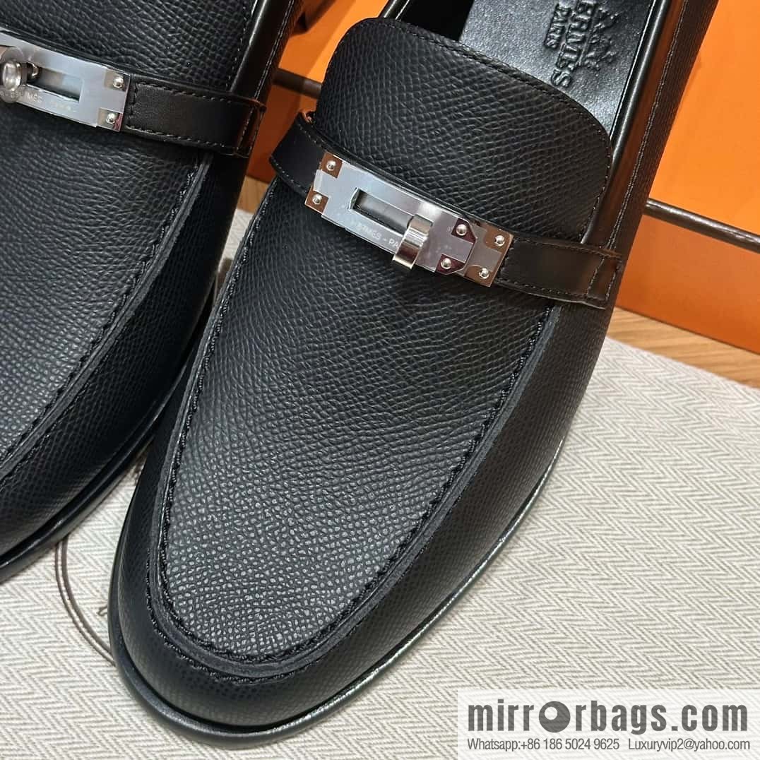 HERMES 227Destin loafers, black/ck89/noir palm-print calfskin/Epsom/Calfskin