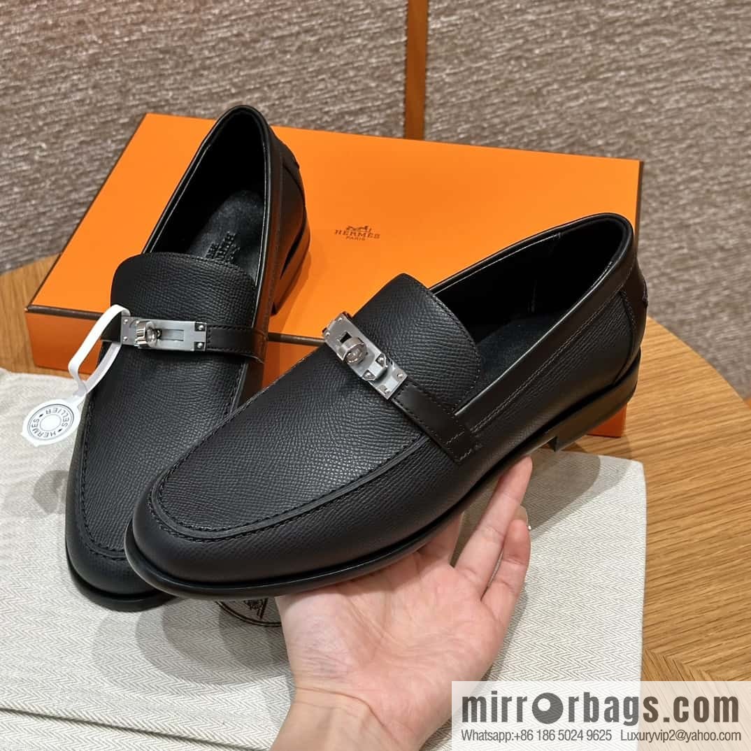 HERMES 227Destin loafers, black/ck89/noir palm-print calfskin/Epsom/Calfskin