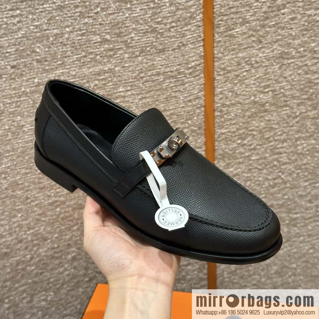 HERMES 227Destin loafers, black/ck89/noir palm-print calfskin/Epsom/Calfskin