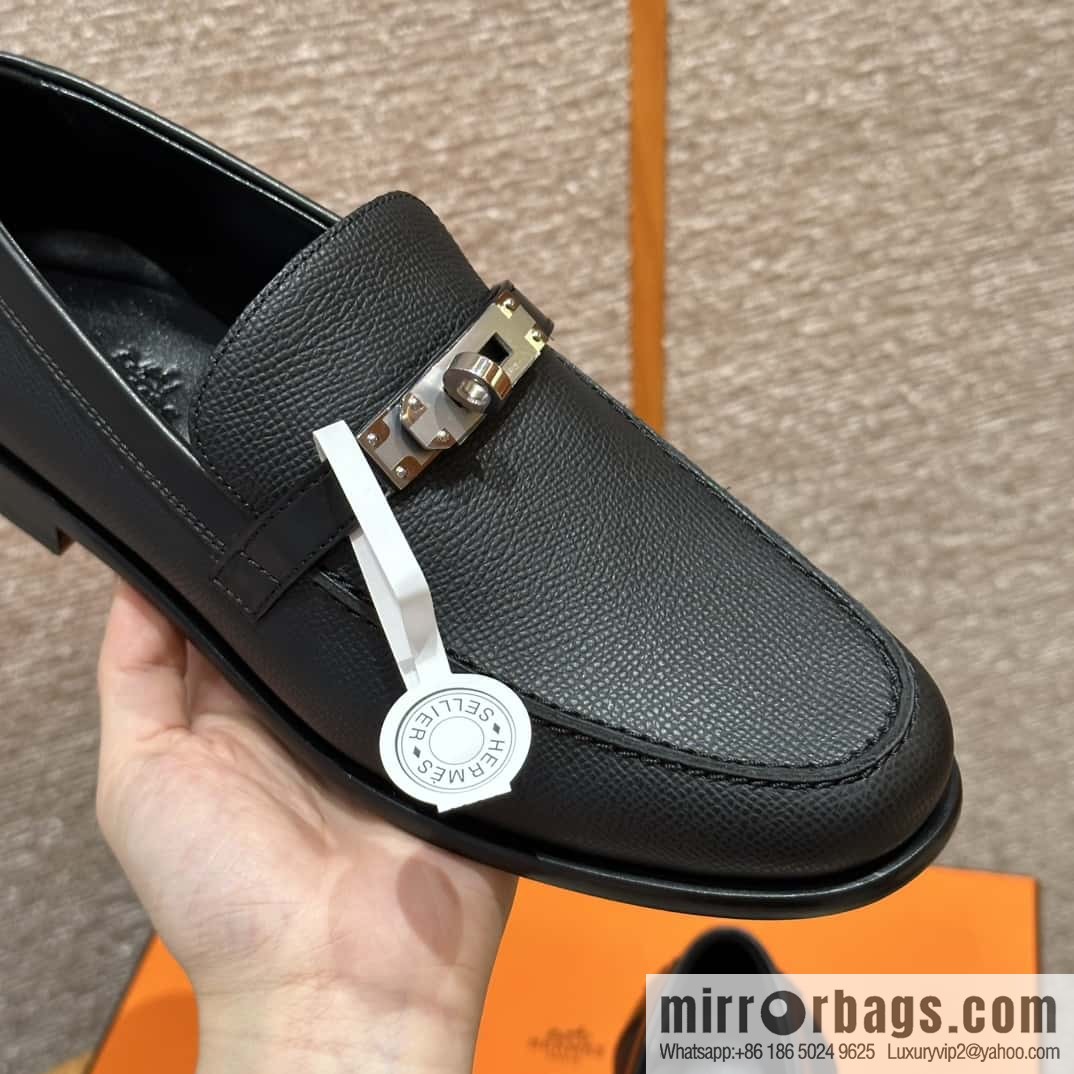 HERMES 227Destin loafers, black/ck89/noir palm-print calfskin/Epsom/Calfskin