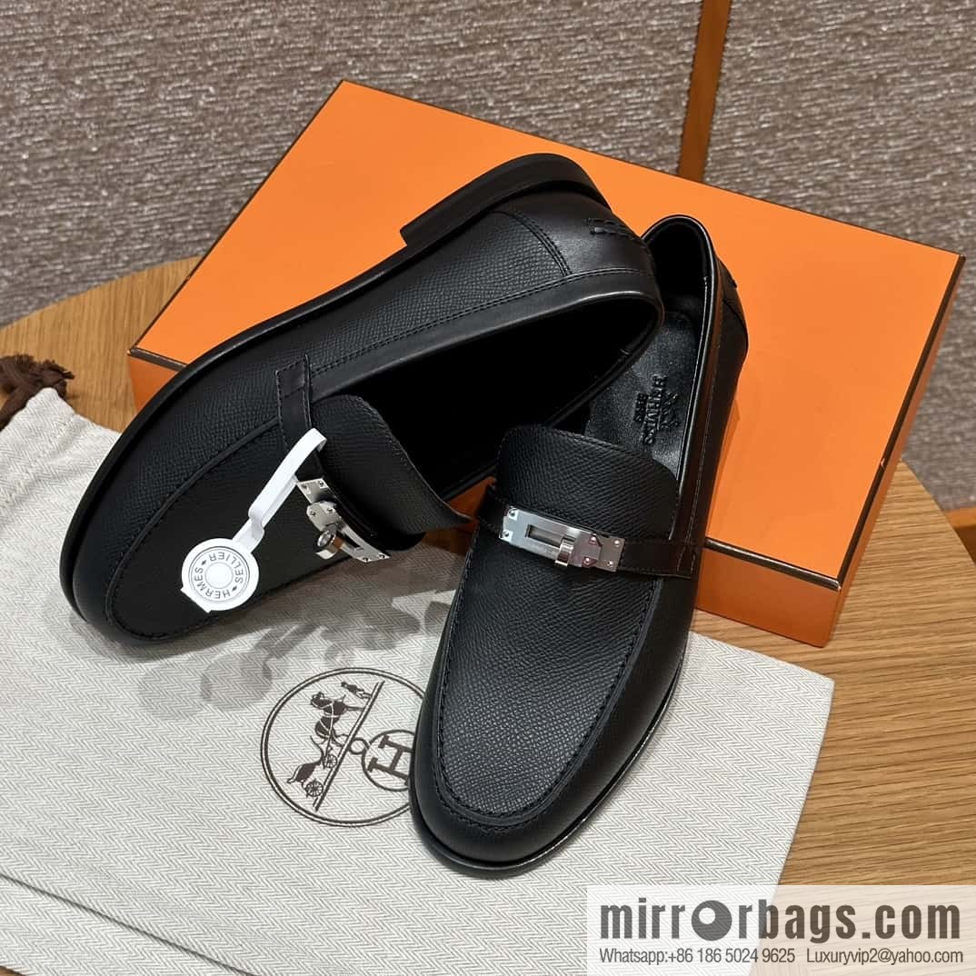 HERMES 227Destin loafers, black/ck89/noir palm-print calfskin/Epsom/Calfskin