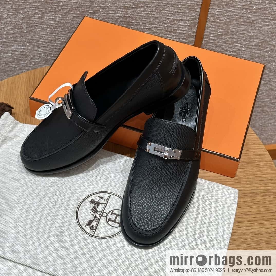 HERMES 227Destin loafers, black/ck89/noir palm-print calfskin/Epsom/Calfskin