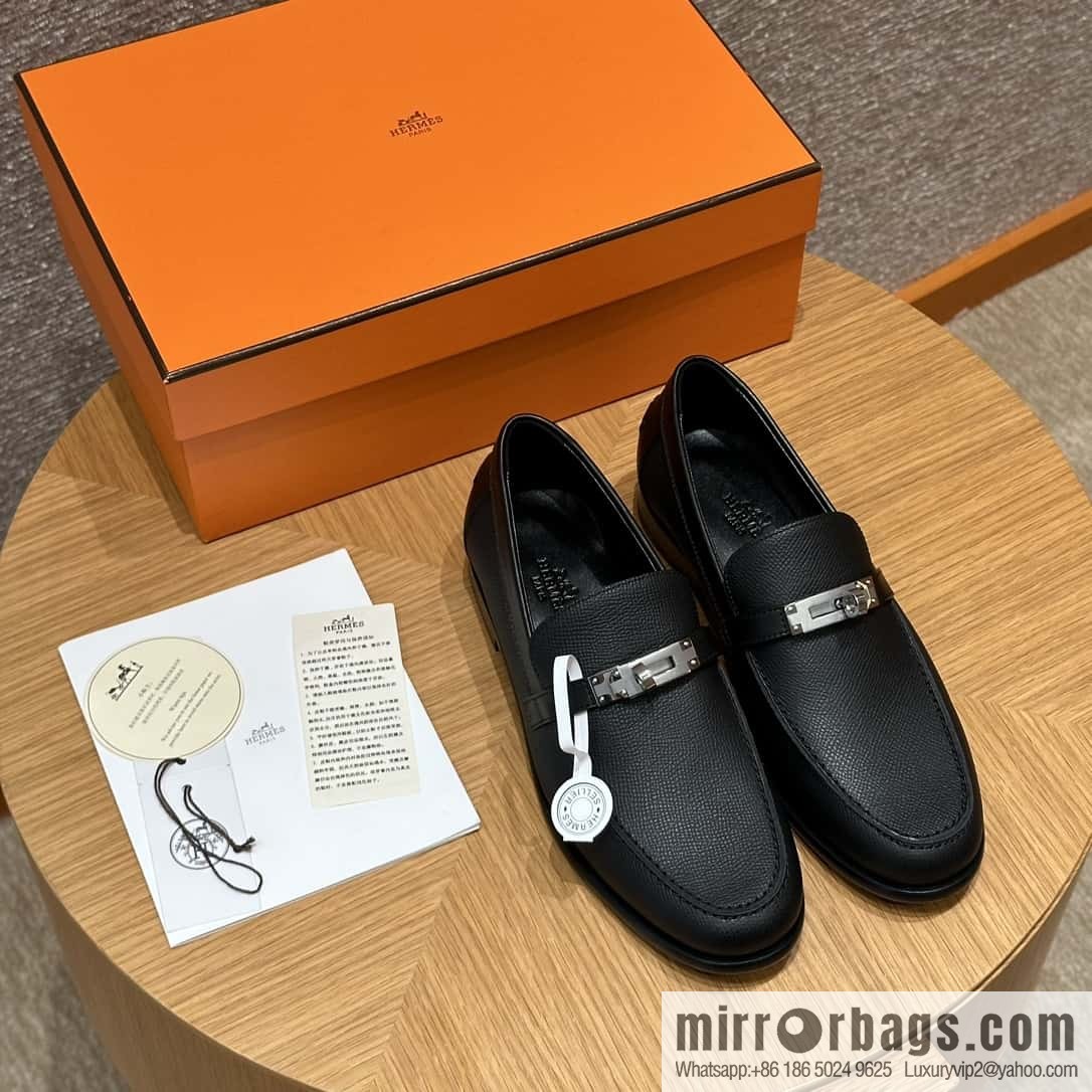 HERMES 227Destin loafers, black/ck89/noir palm-print calfskin/Epsom/Calfskin