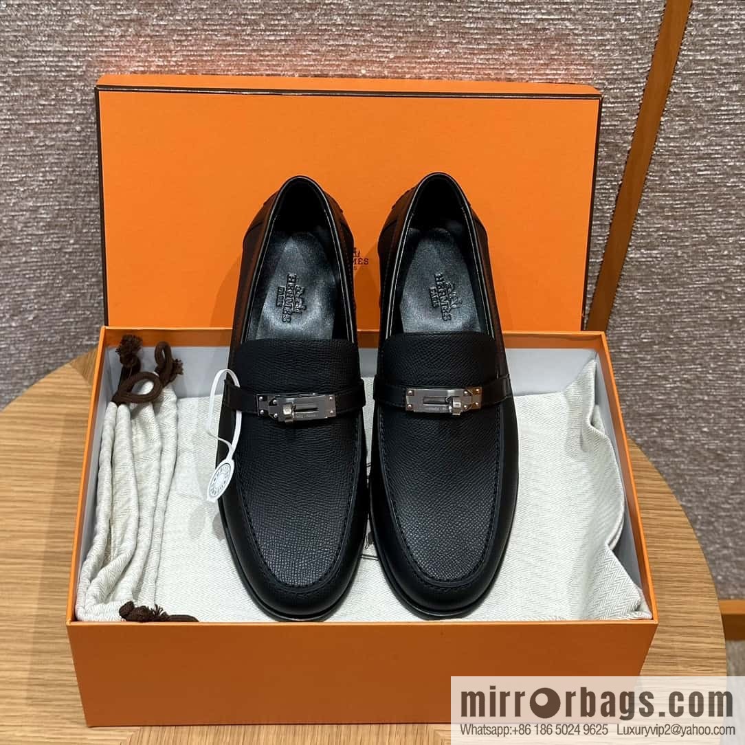 HERMES 227Destin loafers, black/ck89/noir palm-print calfskin/Epsom/Calfskin
