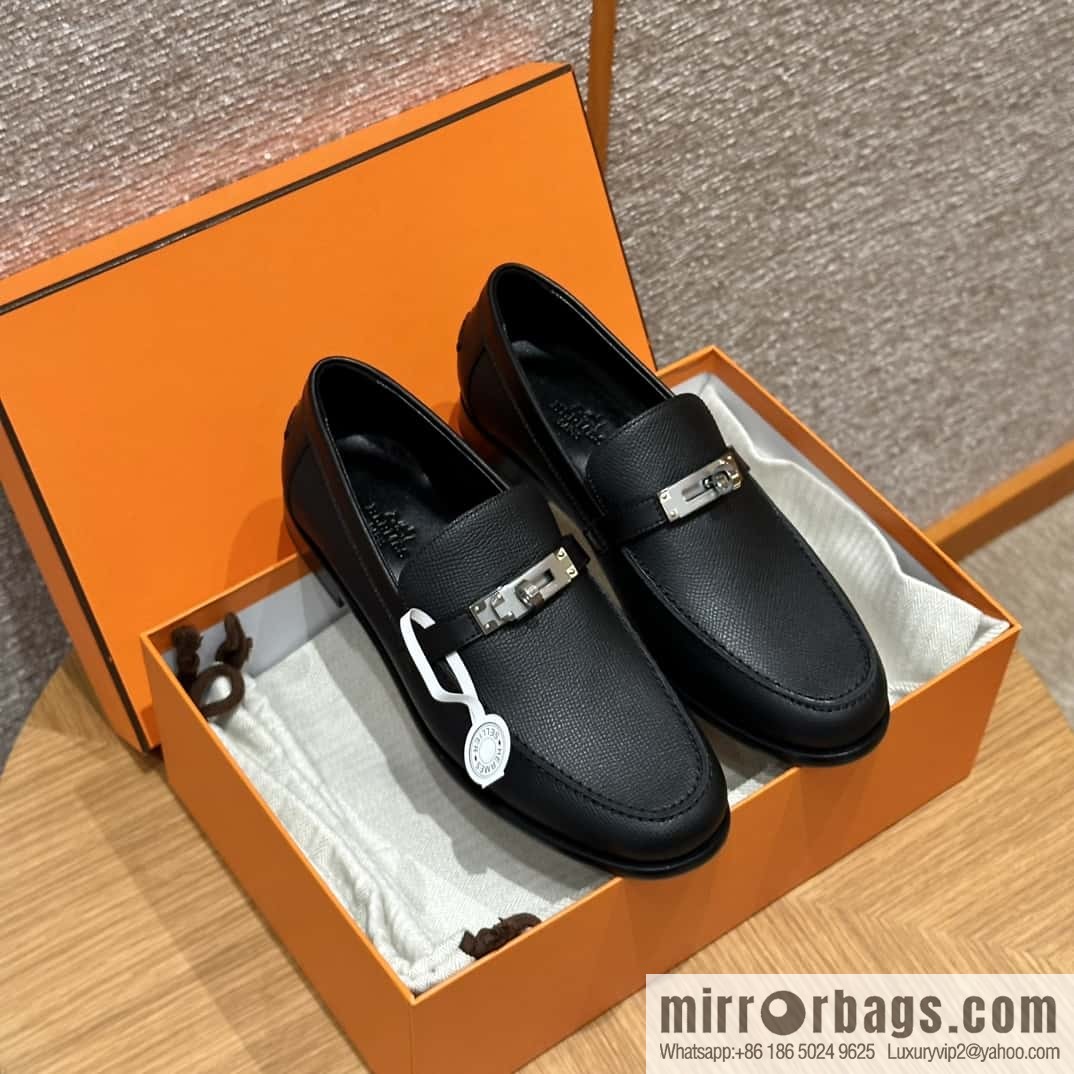HERMES 227Destin loafers, black/ck89/noir palm-print calfskin/Epsom/Calfskin