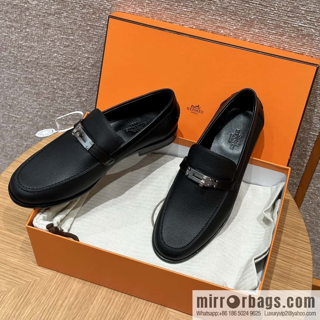 HERMES 227Destin loafers, black/ck89/noir palm-print calfskin/Epsom/Calfskin