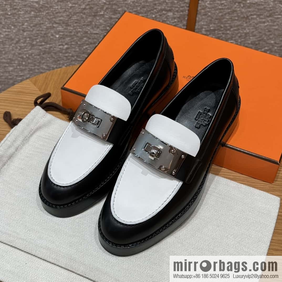 HERMES 101 Hot loafers, black with white/Black with white calfskin/Calfskin