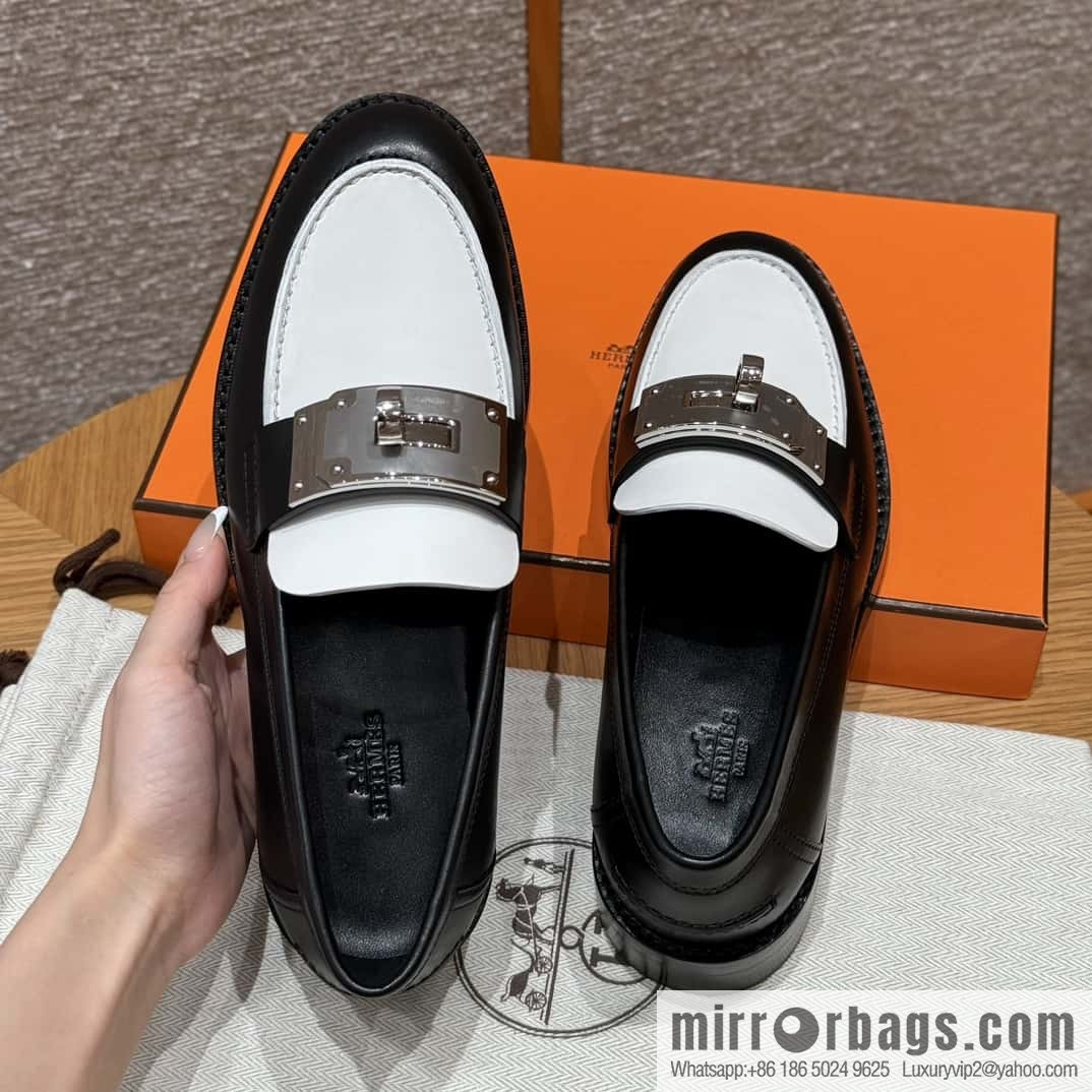 HERMES 101 Hot loafers, black with white/Black with white calfskin/Calfskin
