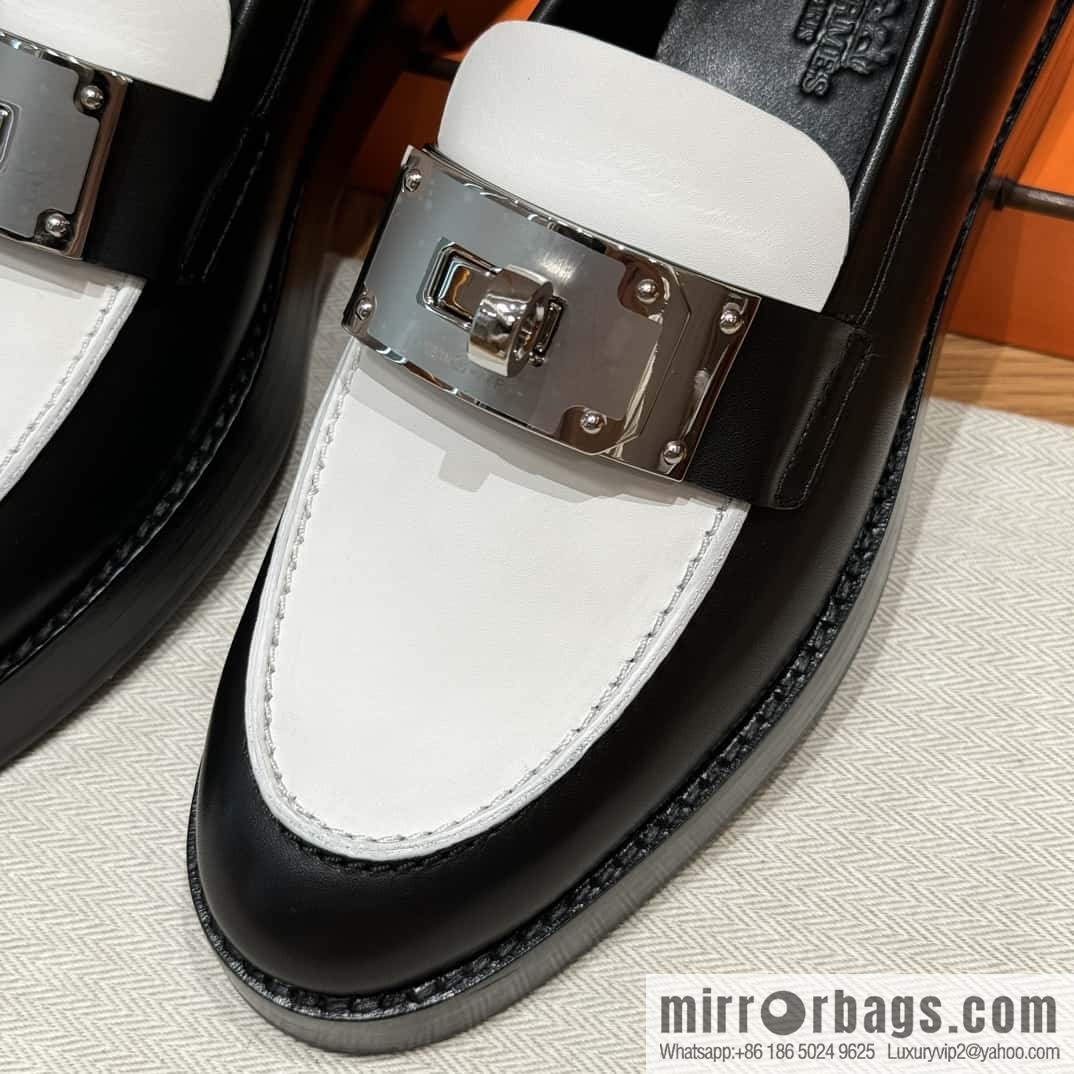 HERMES 101 Hot loafers, black with white/Black with white calfskin/Calfskin