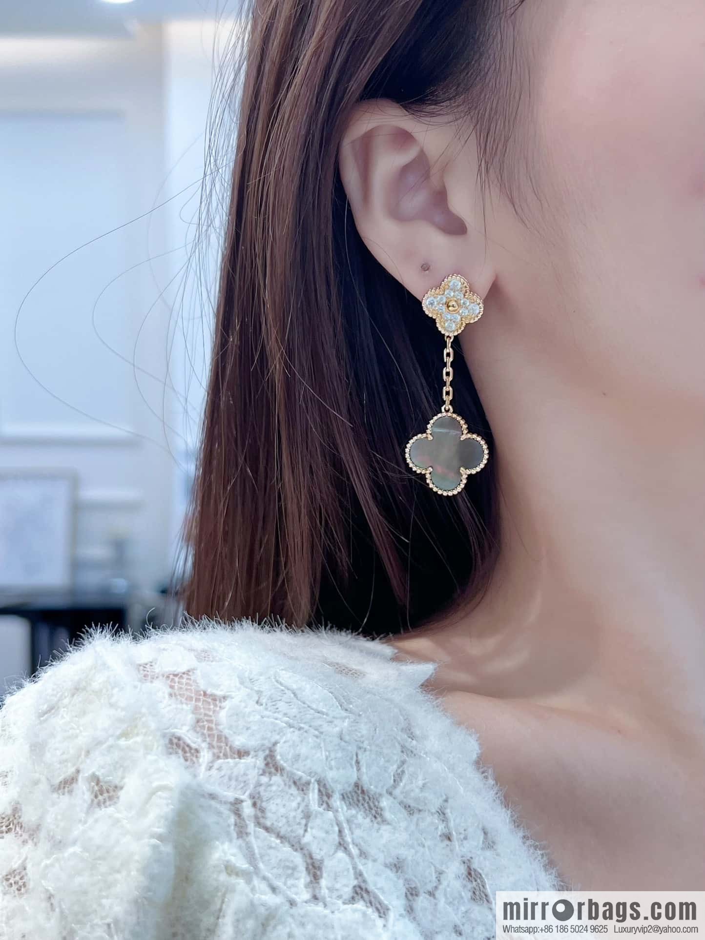 ❗️CNC Version ❗️ ☀️ Van Cleef & Arpels Grey Fritillary Clover Earrings Earrings ☀