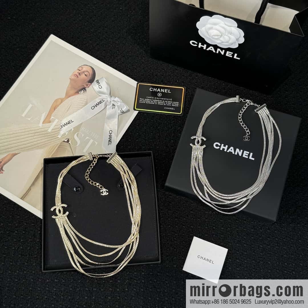 ❗️New ❗️☀️ New ☑️ Chanel Silver Gold Double C Multi-layer Snake Bone Chain Necklace ☀️