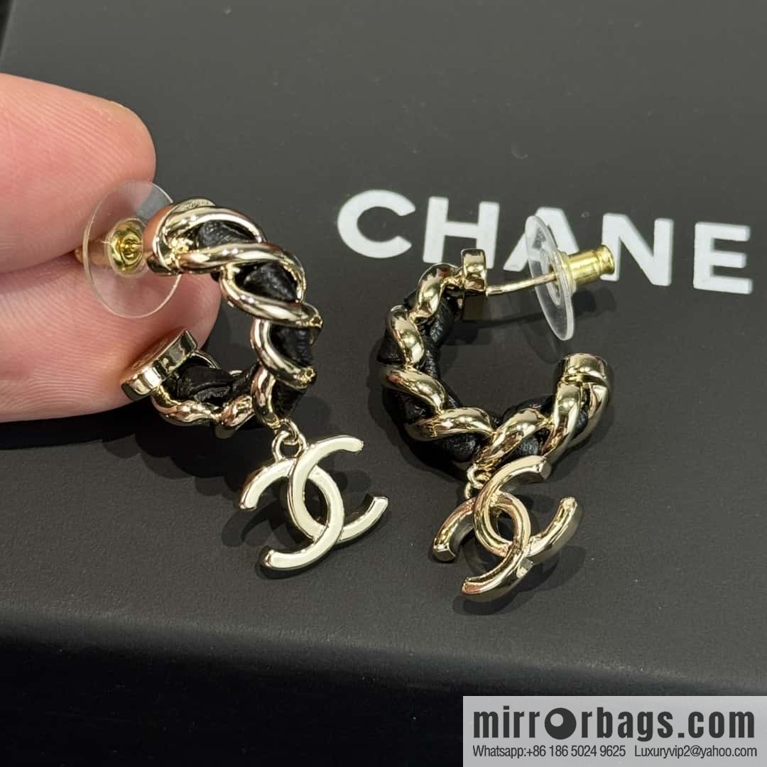 ❗️New ❗️☀️ New ☑️ Chanel c2 double c black leather rope stud earrings ☀️