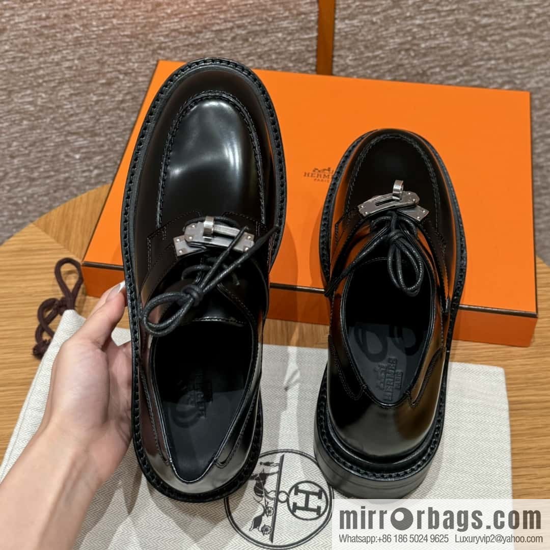 HERMES 252 First Platform Oxford Shoes, Black/89/Noir Calfskin/Calfskin