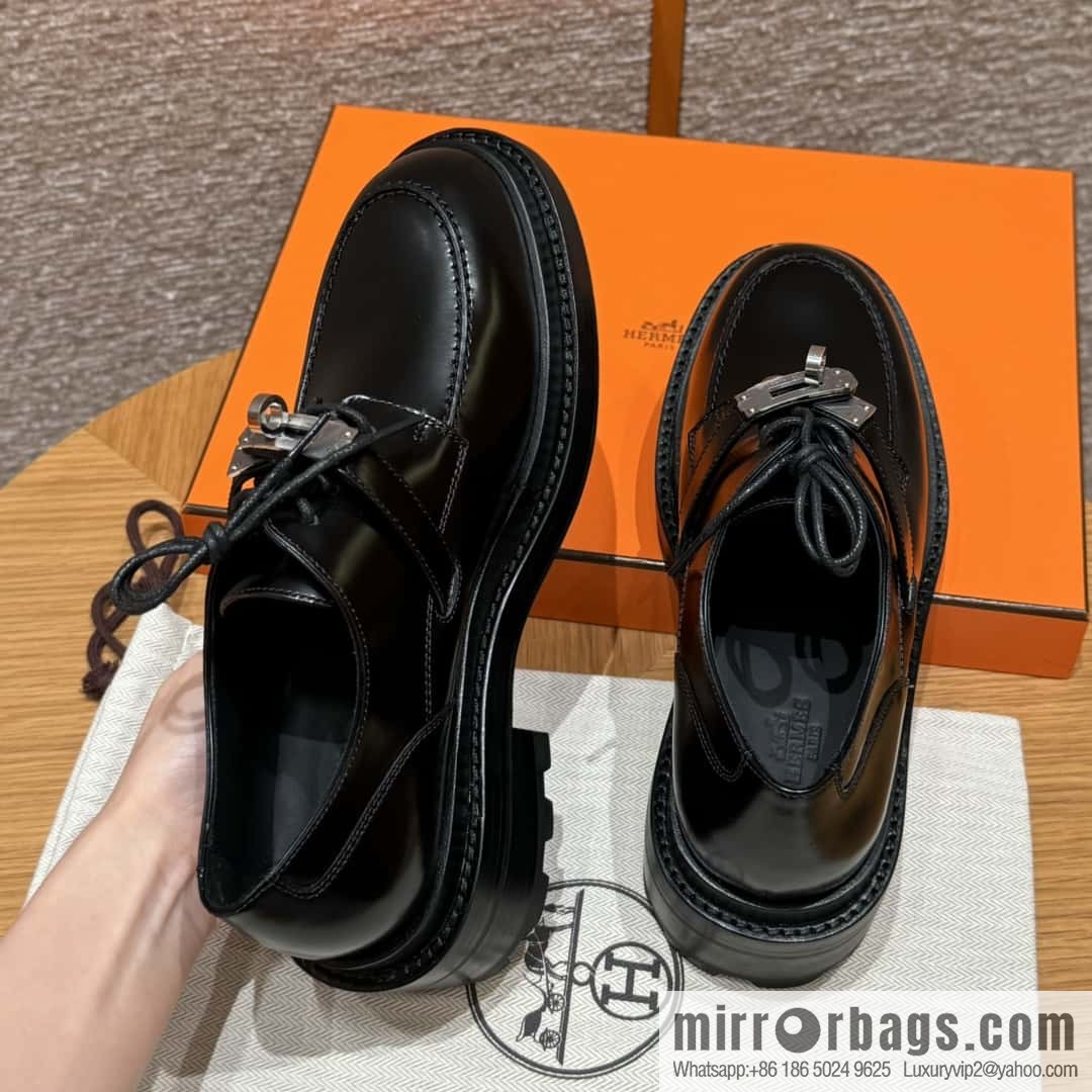 HERMES 252 First Platform Oxford Shoes, Black/89/Noir Calfskin/Calfskin