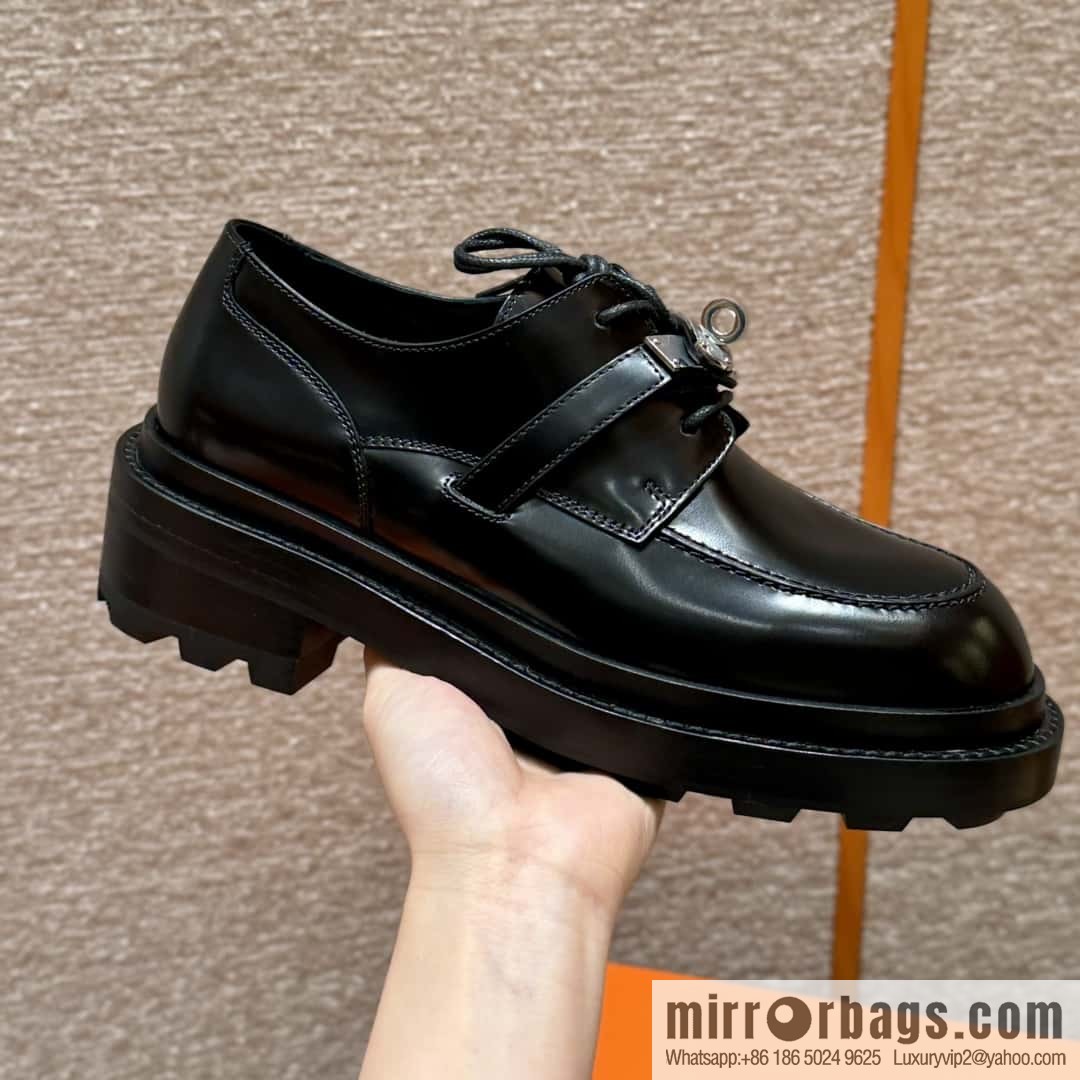 HERMES 252 First Platform Oxford Shoes, Black/89/Noir Calfskin/Calfskin
