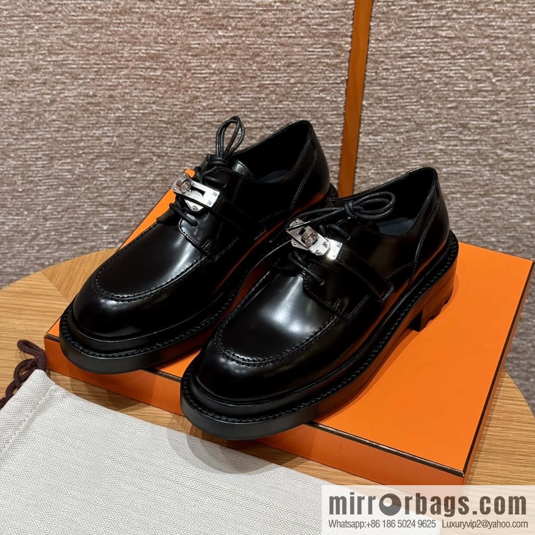 HERMES 252 First Platform Oxford Shoes, Black/89/Noir Calfskin/Calfskin
