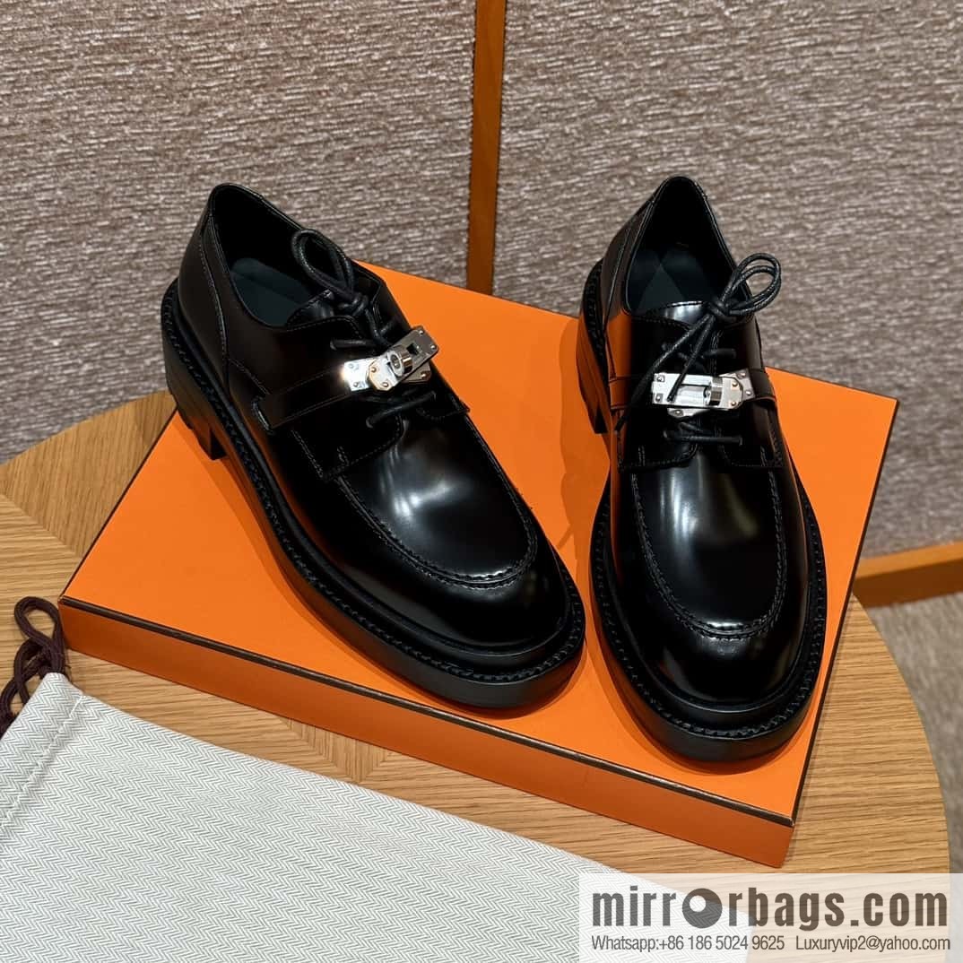 HERMES 252 First Platform Oxford Shoes, Black/89/Noir Calfskin/Calfskin