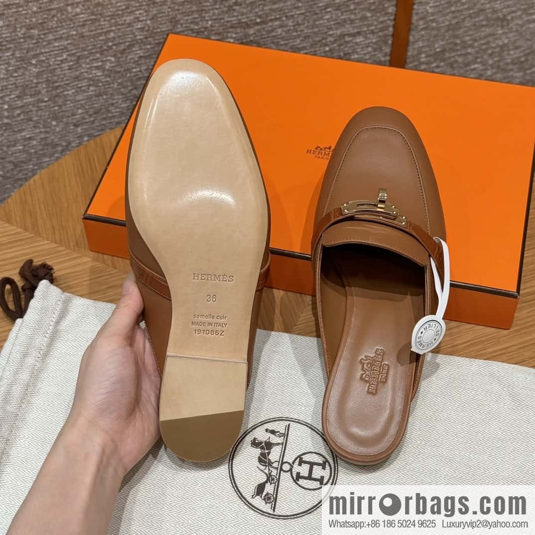 HERMES 188 OZ mules half trailers, golden brown/37/Gold goatskin with crocodile strap/goatskin/crocodile