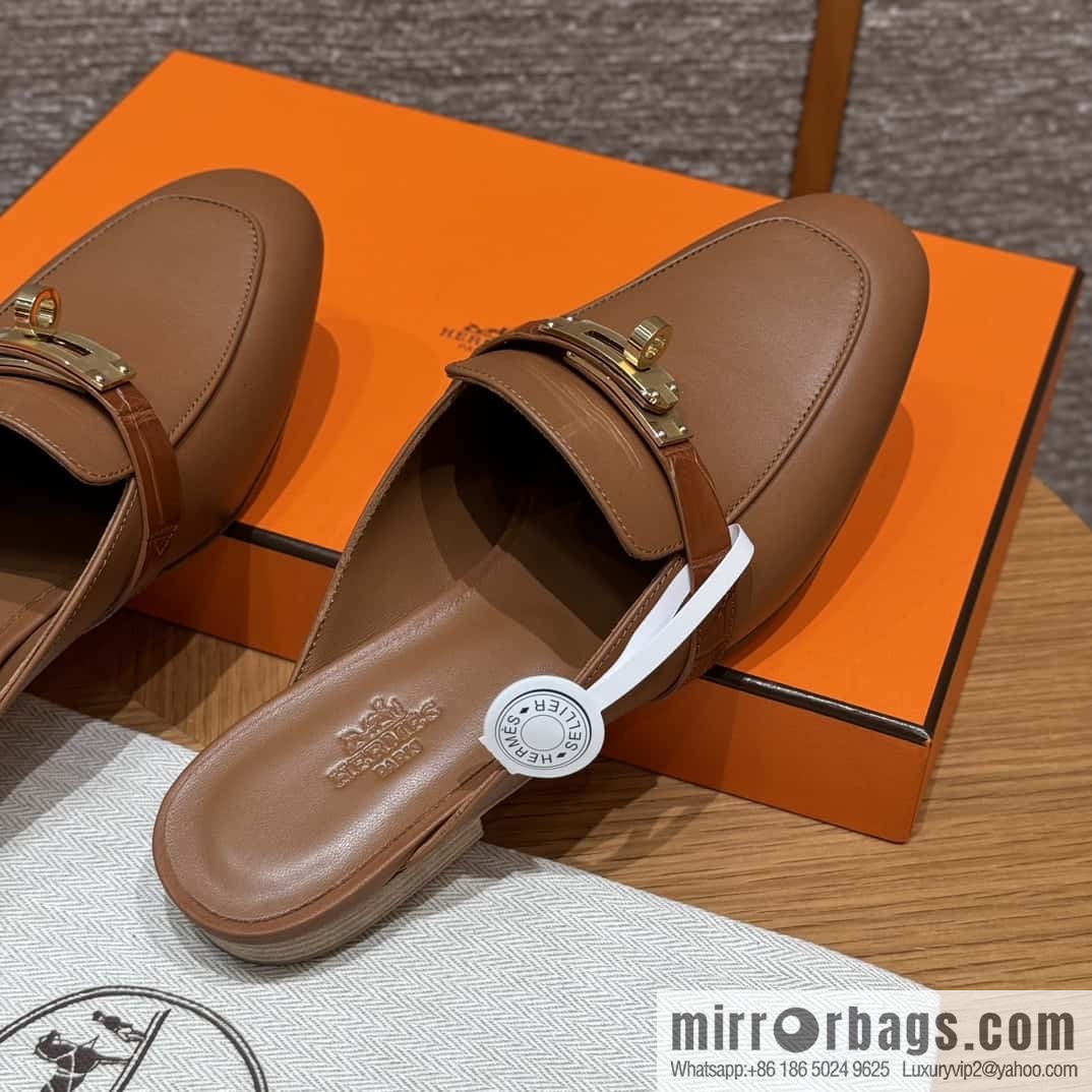 HERMES 188 OZ mules half trailers, golden brown/37/Gold goatskin with crocodile strap/goatskin/crocodile