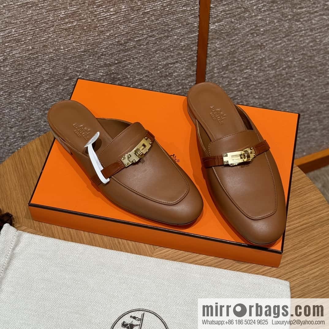 HERMES 188 OZ mules half trailers, golden brown/37/Gold goatskin with crocodile strap/goatskin/crocodile