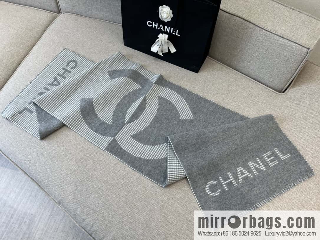 𝐂𝐇𝐀𝐍𝐄𝐋｜𝟐𝟑𝐛 thousand bird grid color matching double-sided cashmere scarf ▪️ gray