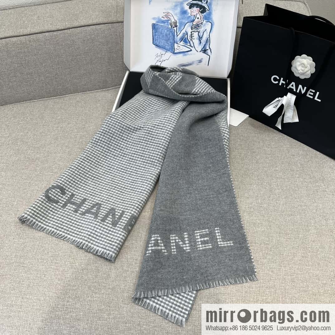 𝐂𝐇𝐀𝐍𝐄𝐋｜𝟐𝟑𝐛 thousand bird grid color matching double-sided cashmere scarf ▪️ gray