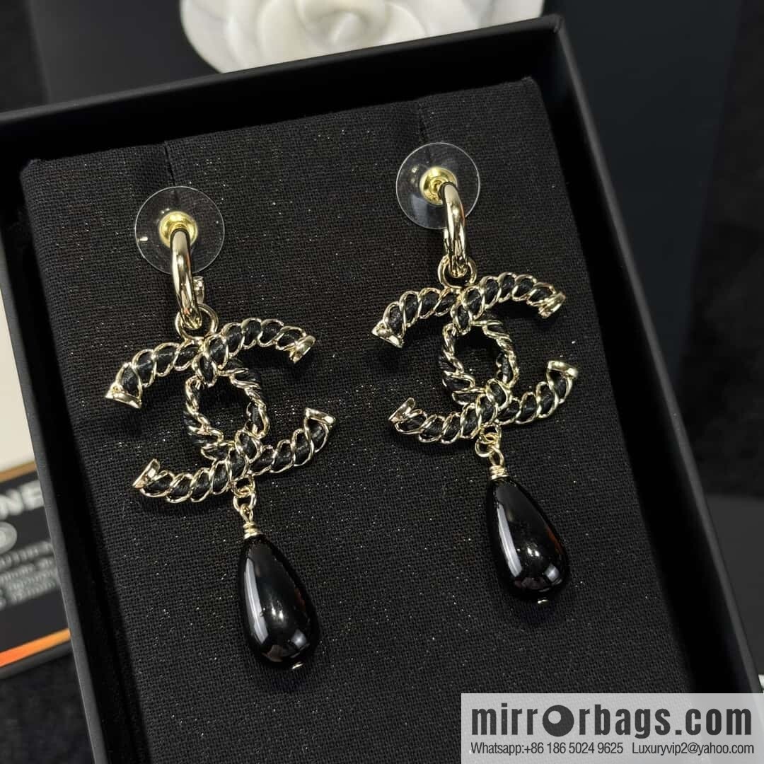 ❗️New ❗️☀️ New ☑️ Chanel c3 double c black pearl black leather rope stud earrings ☀️