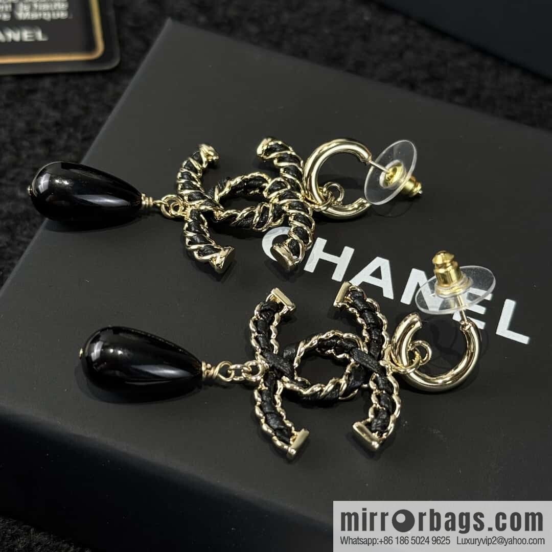 ❗️New ❗️☀️ New ☑️ Chanel c3 double c black pearl black leather rope stud earrings ☀️