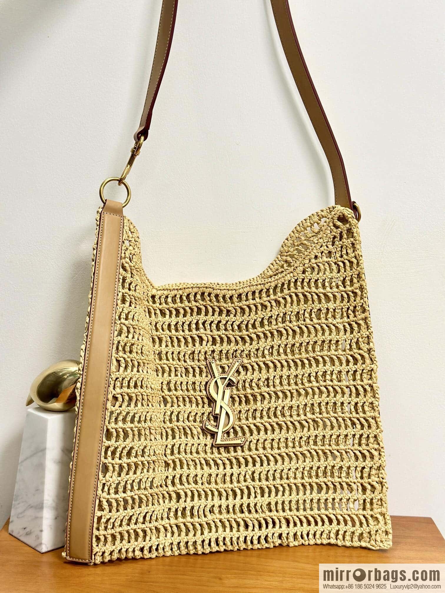 YSL 𝗢𝗫𝗔𝗟𝗜𝗦 raffia crocheted shoulder backpack 781289 apricot