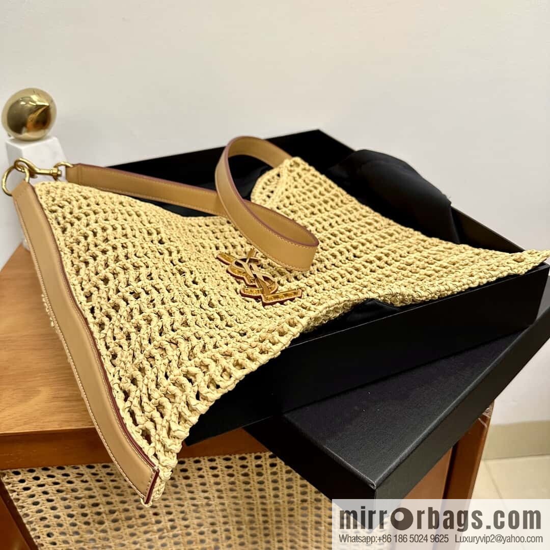 YSL 𝗢𝗫𝗔𝗟𝗜𝗦 raffia crocheted shoulder backpack 781289 apricot