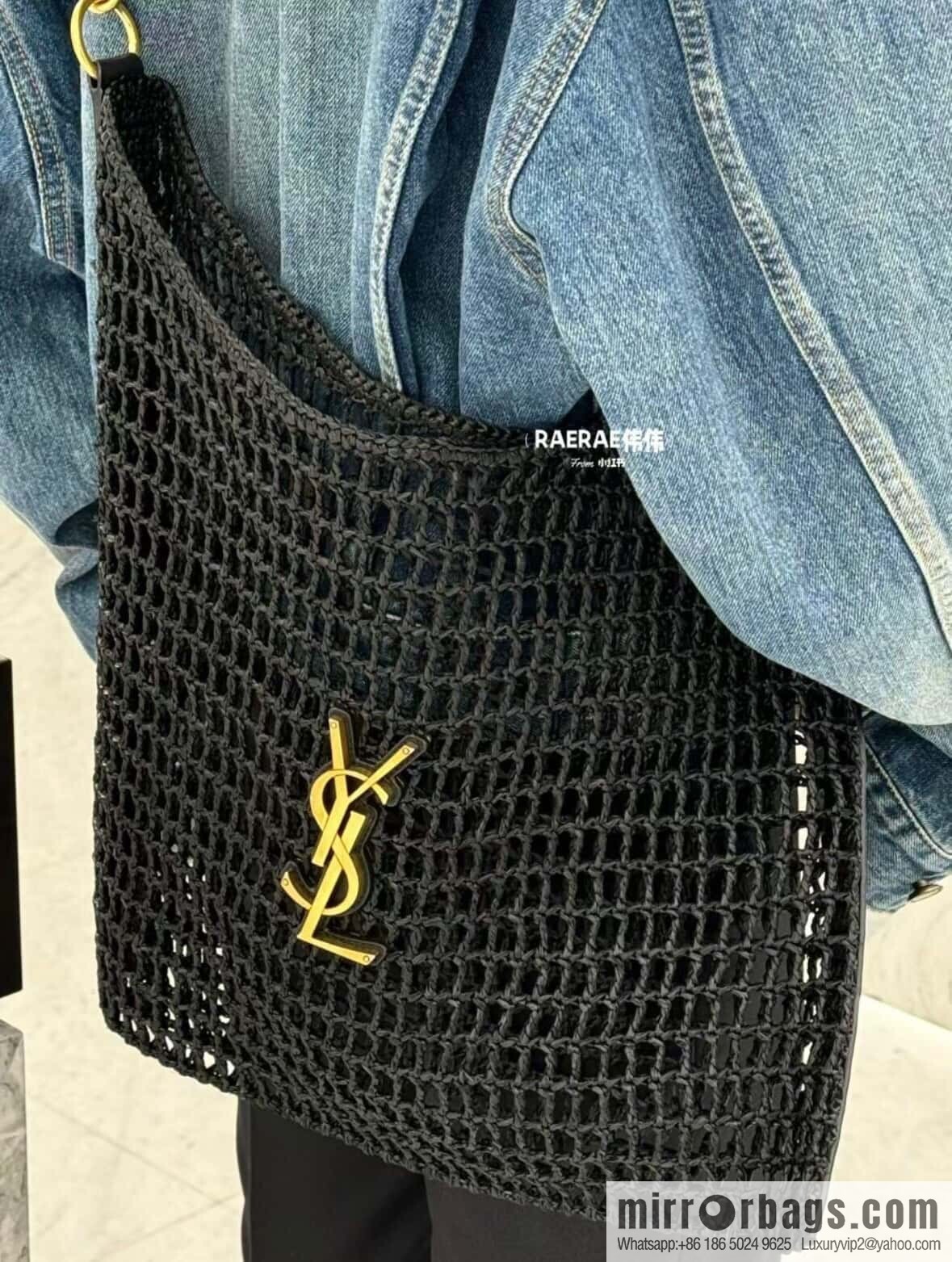 YSL 𝗢𝗫𝗔𝗟𝗜𝗦 raffia crocheted shoulder backpack 781289 black