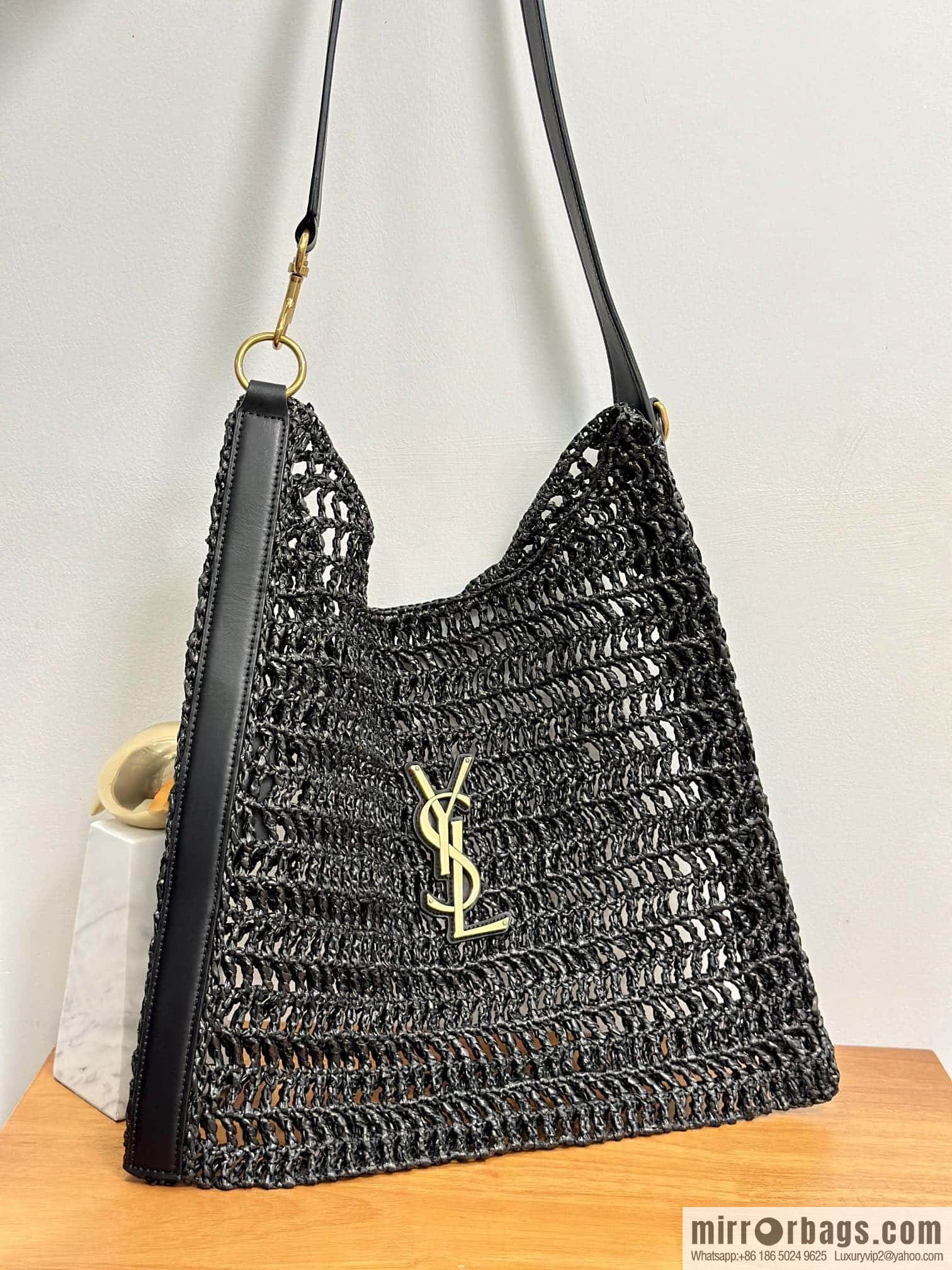 YSL 𝗢𝗫𝗔𝗟𝗜𝗦 raffia crocheted shoulder backpack 781289 black