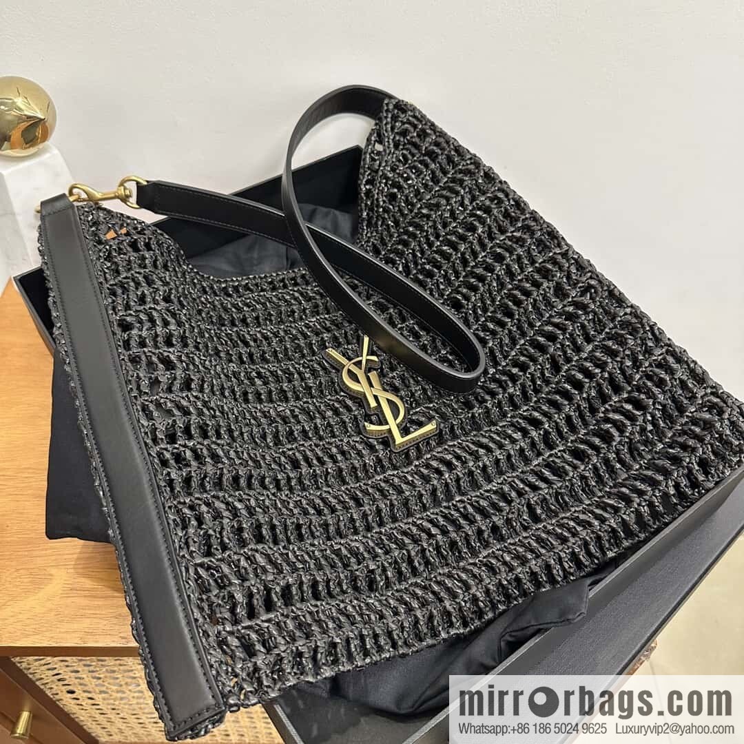 YSL 𝗢𝗫𝗔𝗟𝗜𝗦 raffia crocheted shoulder backpack 781289 black