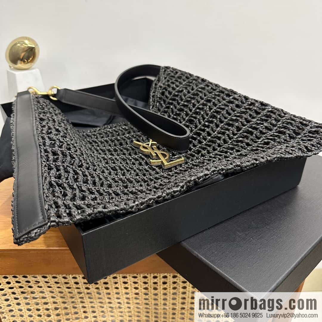 YSL 𝗢𝗫𝗔𝗟𝗜𝗦 raffia crocheted shoulder backpack 781289 black