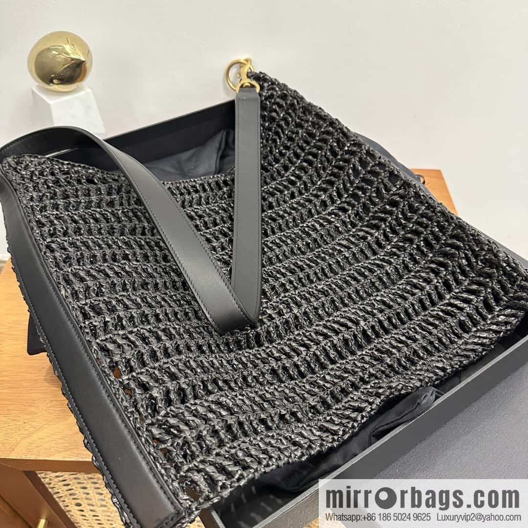 YSL 𝗢𝗫𝗔𝗟𝗜𝗦 raffia crocheted shoulder backpack 781289 black