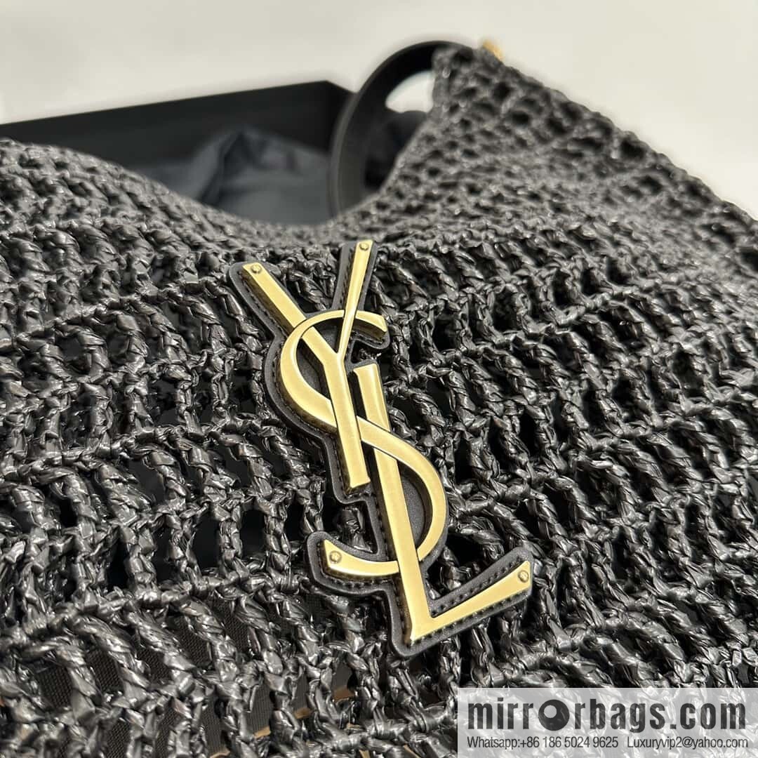 YSL 𝗢𝗫𝗔𝗟𝗜𝗦 raffia crocheted shoulder backpack 781289 black