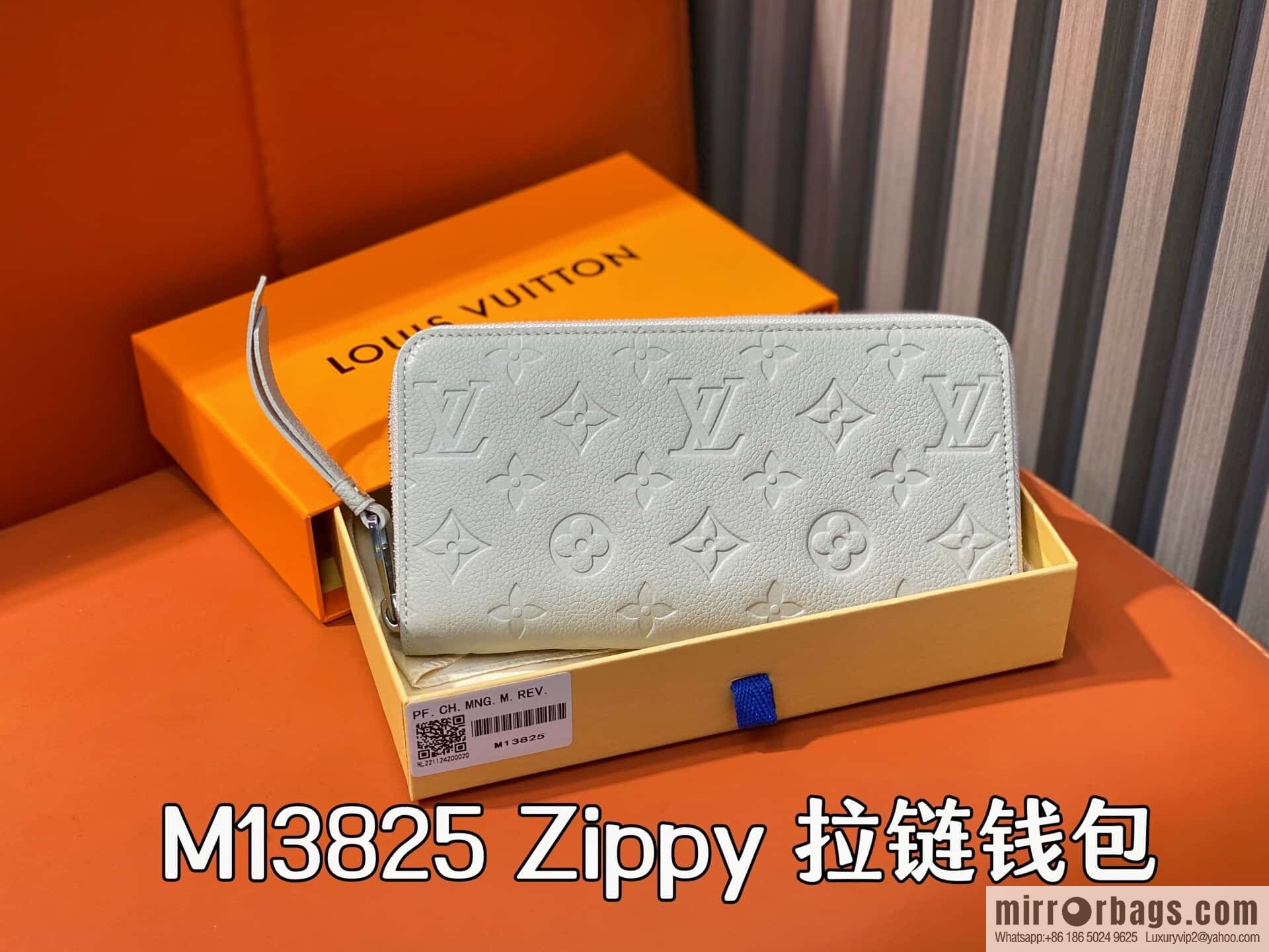 [Boutique‑grade] M13825 light gray full leather embossed, single zipper wallet zippy zipper wallet