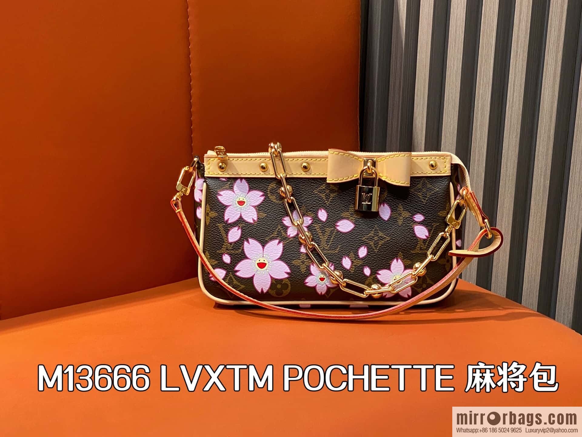 [Boutique‑grade] M13666 presbyopia, cherry blossom/Takashi Murakami, chain bag mahjong bag LVXTM POCHETTE mahjong bag