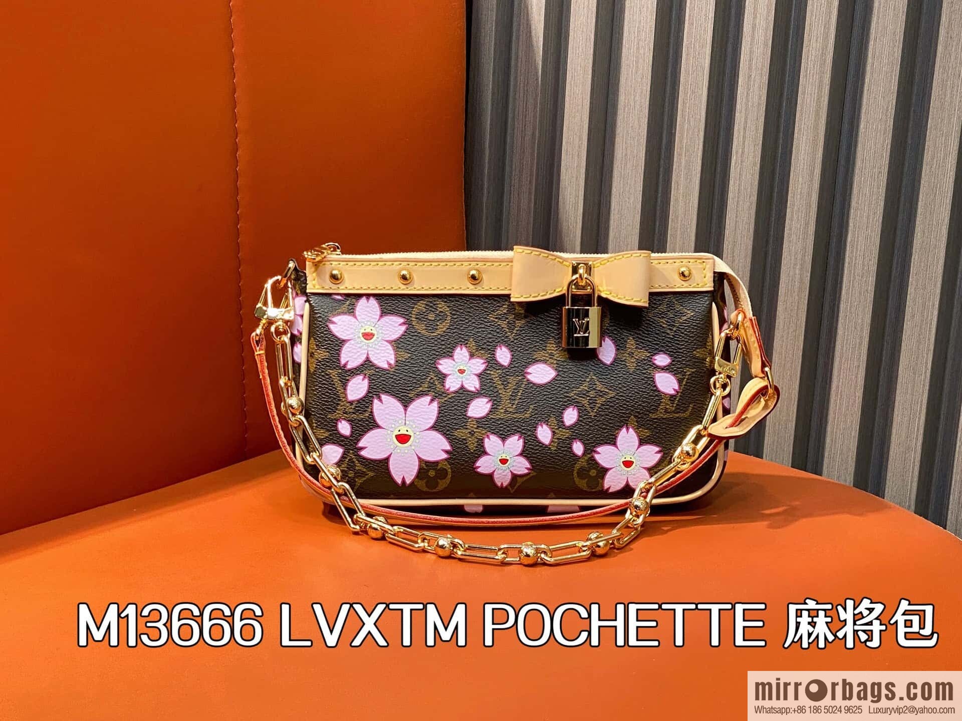[Boutique‑grade] M13666 presbyopia, cherry blossom/Takashi Murakami, chain bag mahjong bag LVXTM POCHETTE mahjong bag