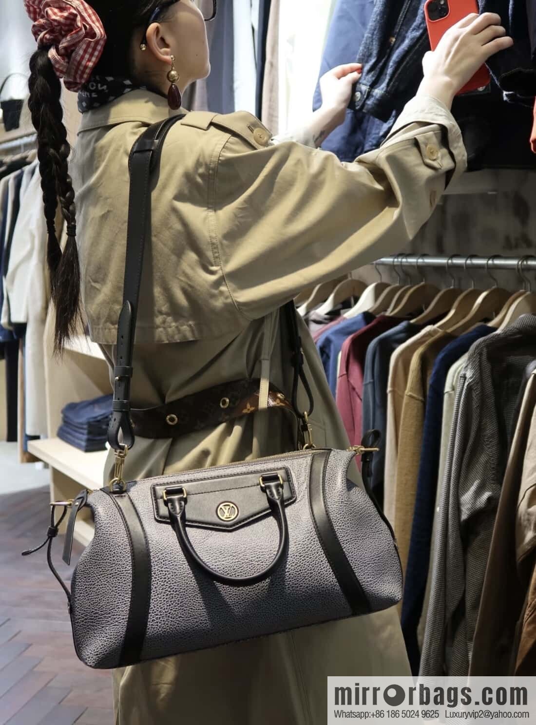 [Boutique‑grade] M14702 gray-blue, full leather locomotive bag LV Biker medium handbag, locomotive bag